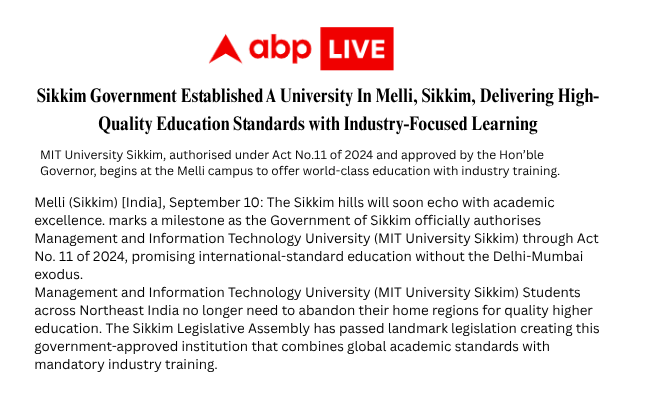 ABP Live — Sikkim Government Established a University in Melli — Industry-Focused Learning